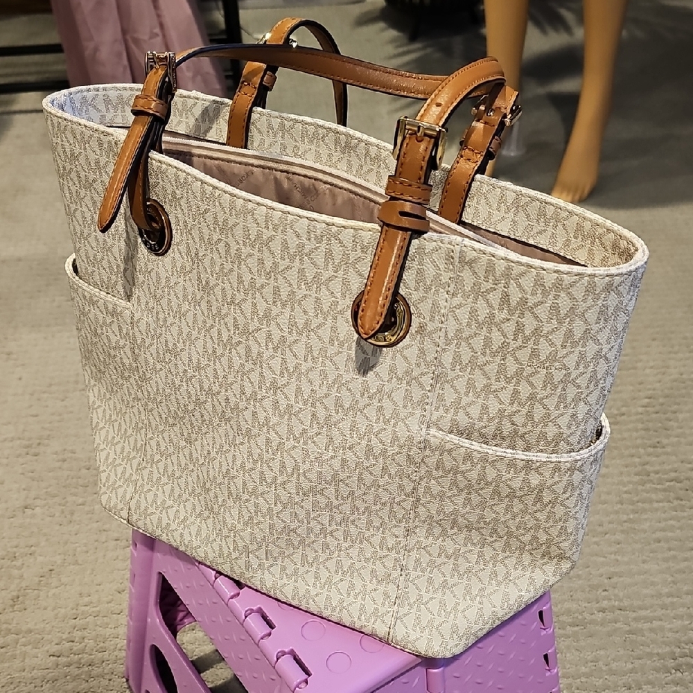 Michael Kors Signature Canvas Tote with Brown Leather Handles
